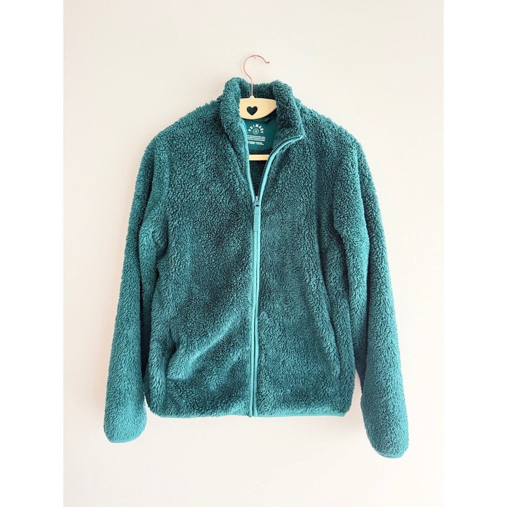 Primary Kids Teal Teddy Sherpa Fleece Full Zip Jacket Cozy Gorpcore Size 14